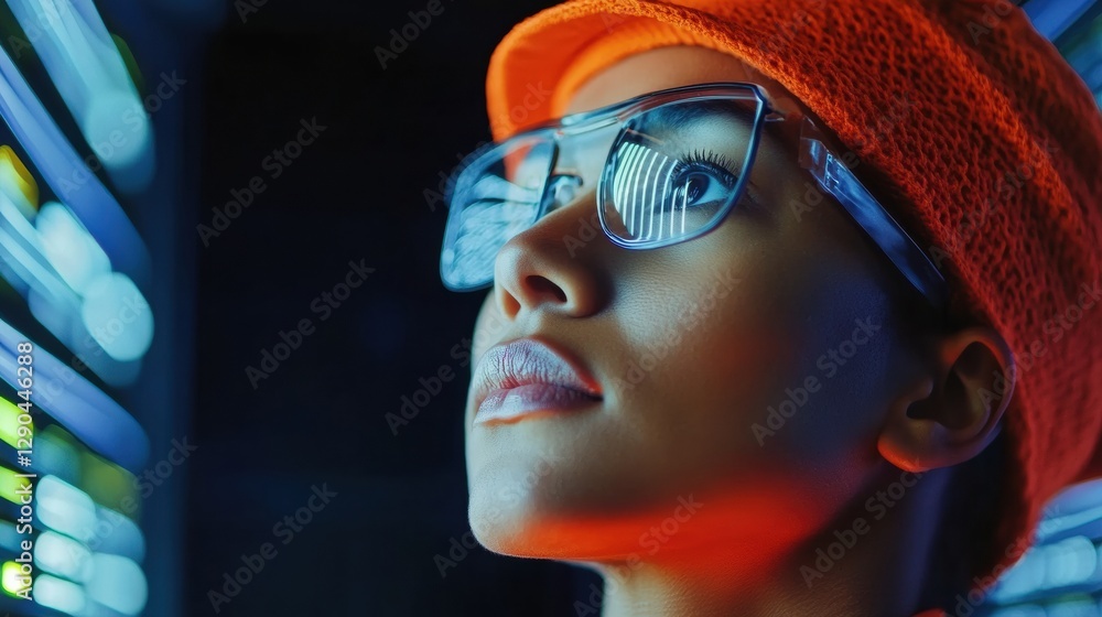 Fototapete Futuristic Cyber-Tech Empowerment Dynamic Young Professional Analyzing Data in LED-Lit Server Room - Advanced IT Content and Innovative Business Solutions Showcase