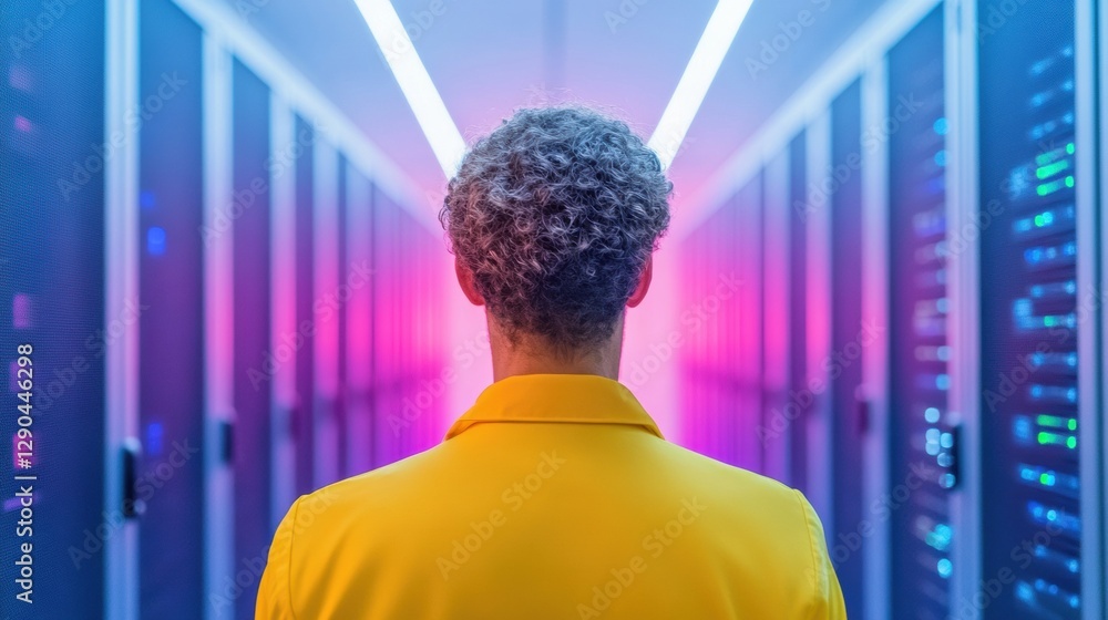 Aufkleber Futuristic Server Room Dynamics System Administrator in High-Tech Neon Environment Managing Rack Equipment and AI-Enhanced Infrastructure for Advanced IT Solutions
