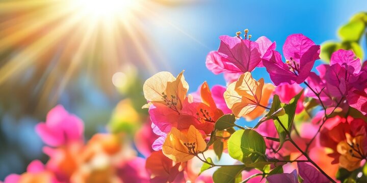 Vibrant close-up of colorful bougainvillea flowers in pink and orange hues under a bright sunny sky with sun rays creating a fresh floral composition