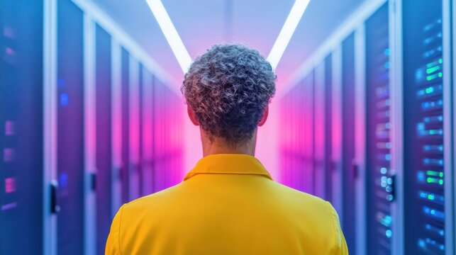 Futuristic Server Room Dynamics System Administrator in High-Tech Neon Environment Managing Rack Equipment and AI-Enhanced Infrastructure for Advanced IT Solutions