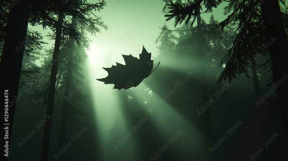 Poster leaf falling into forest as sunlight streams through trees for nature stock