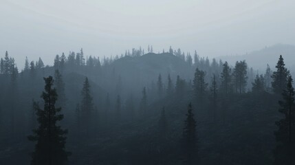 Naklejka premium A mountain landscape with misty pine trees in a dreamy aesthetic