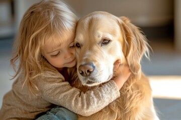 A young child sits on the floor, gently hugging a golden retriever, The dog rests its head on the child's lap, eyes full of trust, Generative AI