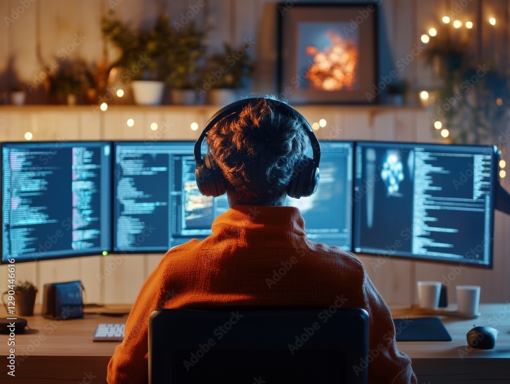 Aufkleber Sleek Cybersecurity Workspace with Multi-Screen Code Display and Modern Gear Enhancing Digital Defense Strategies for Tech-Savvy Professionals