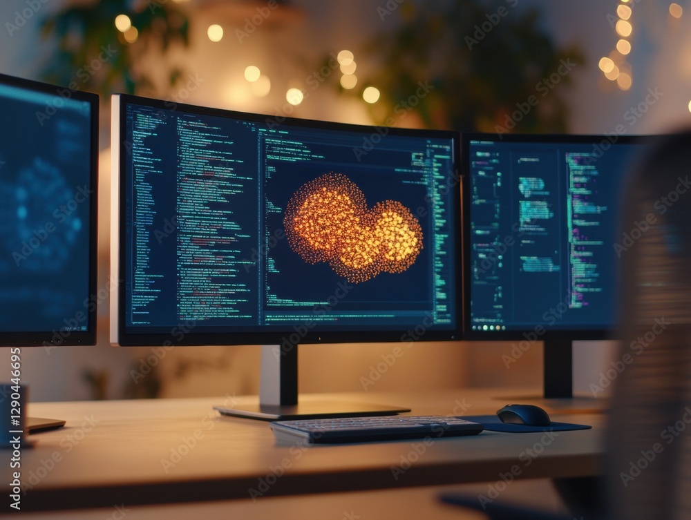 Aufkleber Futuristic Cybersecurity Workspace Dual Curved Monitors with Code Visualization on Wooden Desk - Enhanced Digital Security Insight for Modern Business Operations