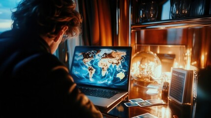 World map analysis on a laptop in a workspace.
