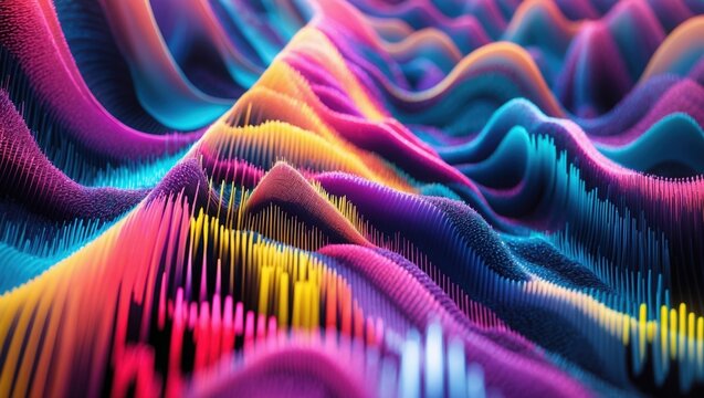Colorful wavy terrain with peaks. Bright yellow, pink, blue purple colors form abstract landscape. 3d rendering of vertical bars create mountain waves