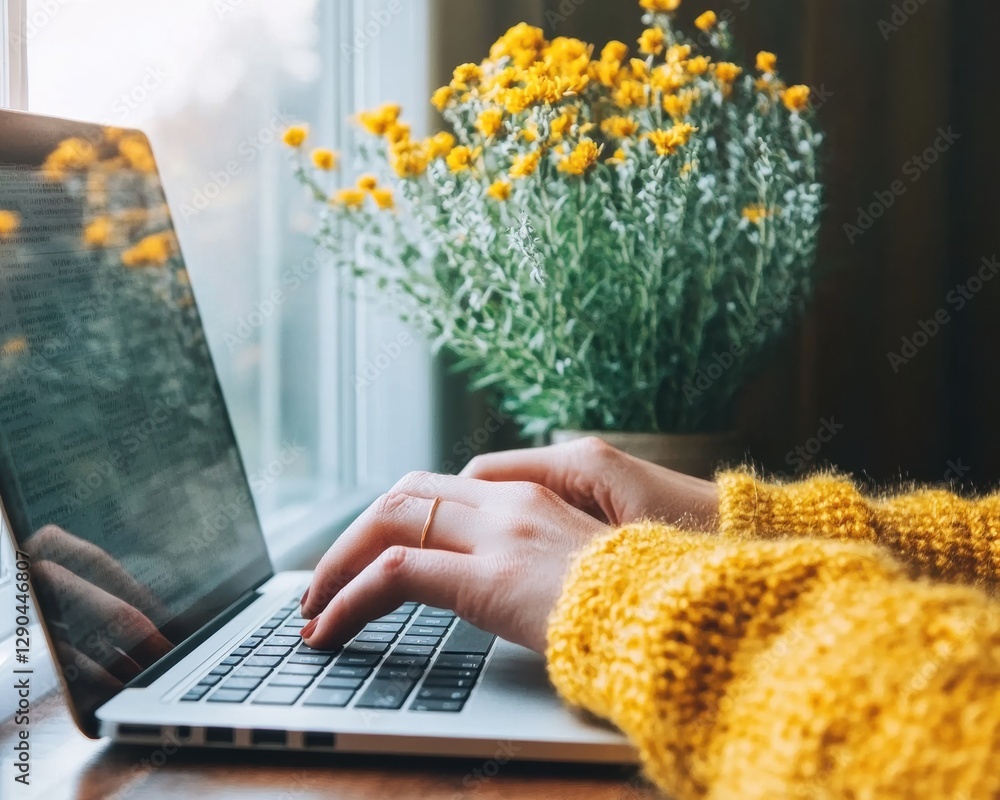 Poster scandinavian digital workspace woman in knitted sweater typing on laptop by sunlit window with flowe
