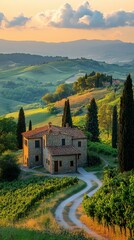 Winding path leading to tuscan farmhouse at sunset in italy