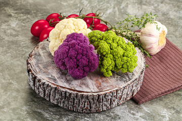 Raw cauliflower different colors heap