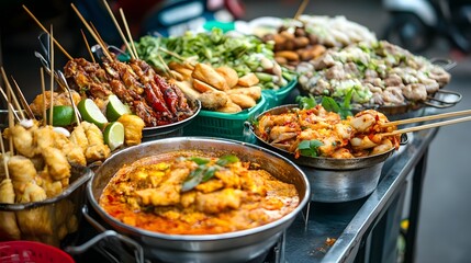 Fototapeta premium Vibrant Street Food Stalls Offer Tantalizing Flavors and Culinary Delights in Thailand