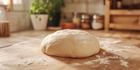 Yeast dough resting on a wooden table with soft natural light, sprinkled with flour, surrounded by a blurred kitchen background with greenery.