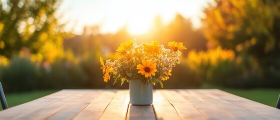Rustic Outdoor Dining Experience Wooden Table with Fresh Floral Centerpiece - Lifestyle Content for Garden Furniture and Casual Gatherings Promotion