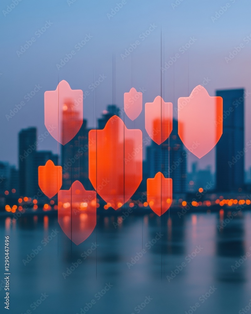 Leinwandbilder neon urban shieldscape futuristic network with digital security nodes amid city silhouette - advance