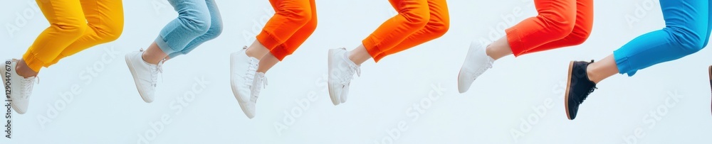 Poster colorful synchronized jump casual dynamic poses on vibrant grass - modern team building and coordina
