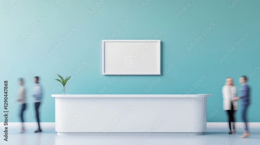 Aufkleber Minimalist Hospital Reception Design Sleek White Counter and Blue Accent Wall - Enhancing Healthcare Environments with Professional Digital Display Integration