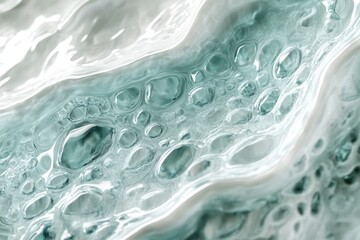 Naklejka premium Abstract image of teal and white flowing liquid with bubble-like formations.