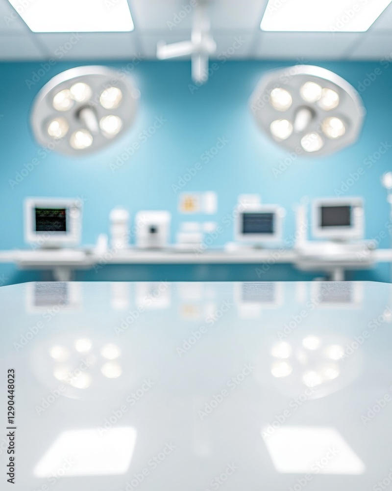 Poster Minimalist Clean Display Pristine White Table Surface in Modern Medical Setting - Ideal for Health Tech Presentations and Hospital Product Showcasing