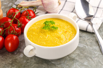 Vegetarian corn cream soup served parsley
