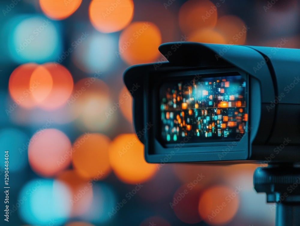 Poster Futuristic Surveillance Camera on Modern Tripod with Vibrant Bokeh Background - High-Tech Security Solutions for Urban Spaces and Innovative Digital Marketing