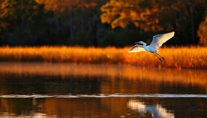 Egret takes flight over water, golden reeds and trees in background, wetlands nature