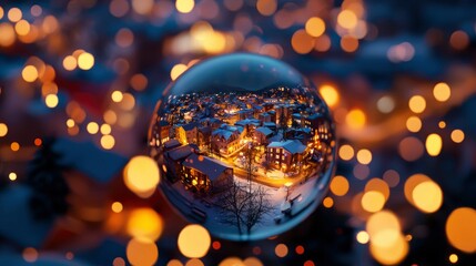 Cozy winter town at night through crystal ball, blurred lights for festive holiday