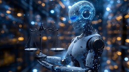 Robot holding scales of justice symbolizing artificial intelligence in law