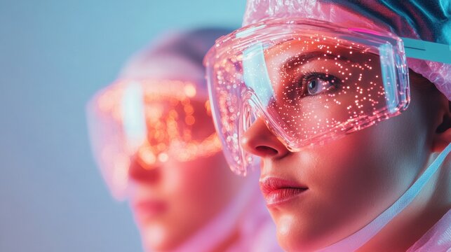 Futuristic Medical Team with Metallic Visors and Holographic Interfaces Sci-Fi Wellness Solutions for Next-Gen Healthcare Environments and Digital Health Innovation