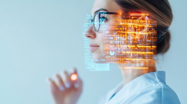Tech-Infused Telehealth Young Woman with Smart Health Device in Holographic Data Clinic - Pioneering Digital Wellness and Remote Healthcare Solutions - Powered by Adobe