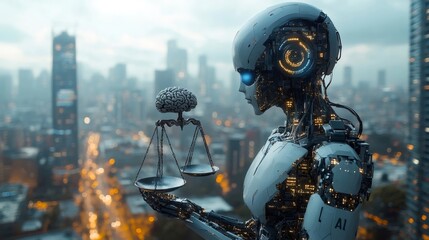 Artificial intelligence robot holding scales of justice with brain on top
