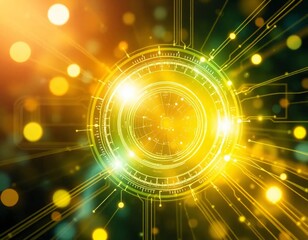 Abstract Technological Glowing Circle with Circuitry and Bokeh Lights .Abstract Background