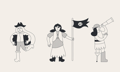 Set of different female pirates. Characters in doodle style.