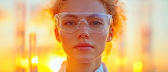 Futuristic Lab Innovation Close-up Female Scientist with Transparent Safety Goggles in Sunset Glow - Advanced Medical Research Imagery for Progressive Healthcare Marketing