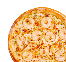 Delicious pizza topped with pear slices and walnuts