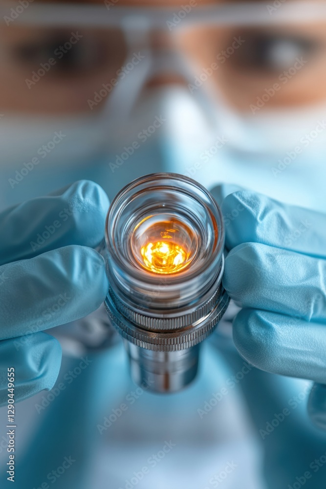 Poster Precision Lab Analysis Modern Microscope and Blue Glove Materials in a Sterile Workspace - Cutting-Edge Scientific Research Content for Healthcare Innovation and Medical Breakthroughs