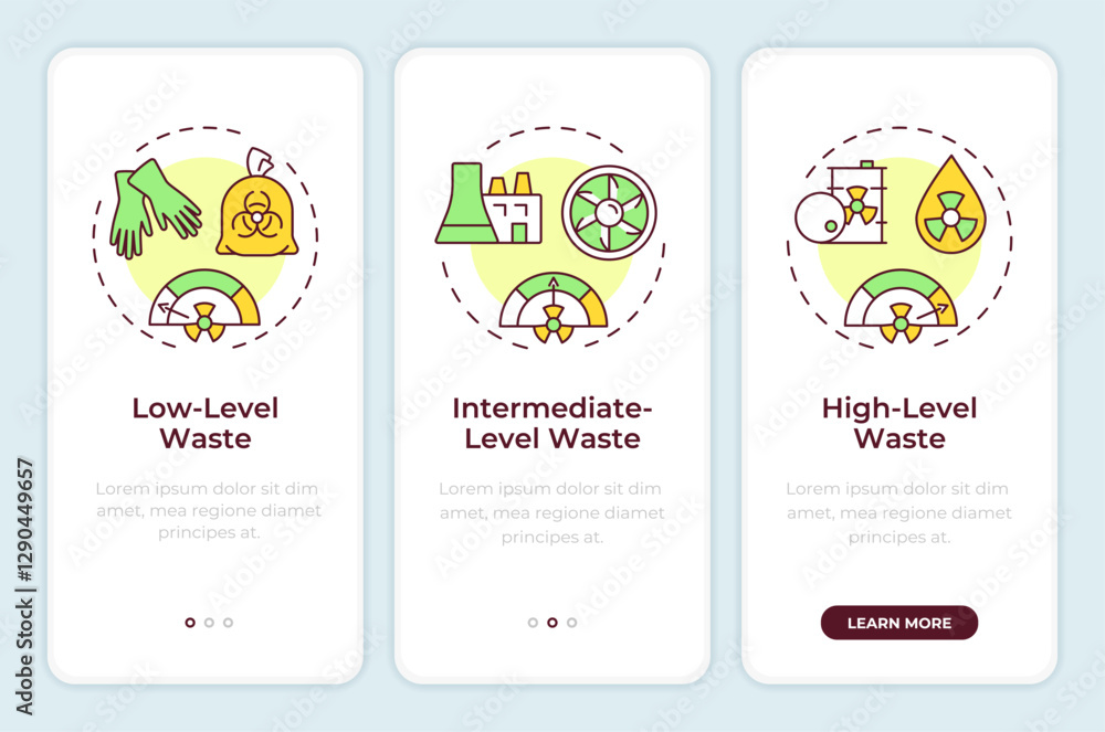 Aufkleber types of nuclear waste onboarding mobile app screen. walkthrough 3 steps editable graphic instructio