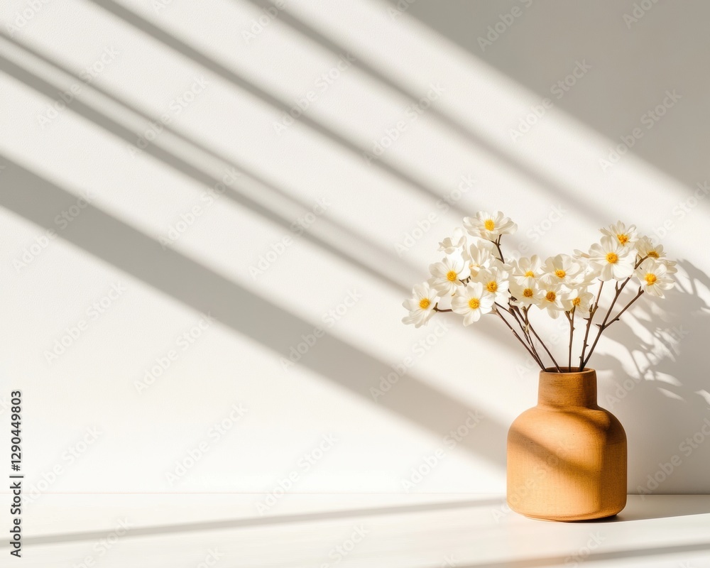 Aufkleber minimalist home office decor ceramic vase with daisies on sunlit surface - nordic design content and