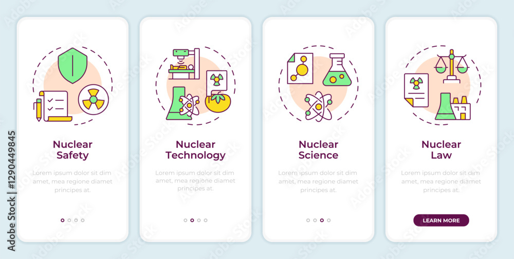 Poster nuclear applications onboarding mobile app screen. radiation. walkthrough 4 steps editable graphic i