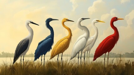 Obraz premium Colorful Birds in a Scenic Landscape