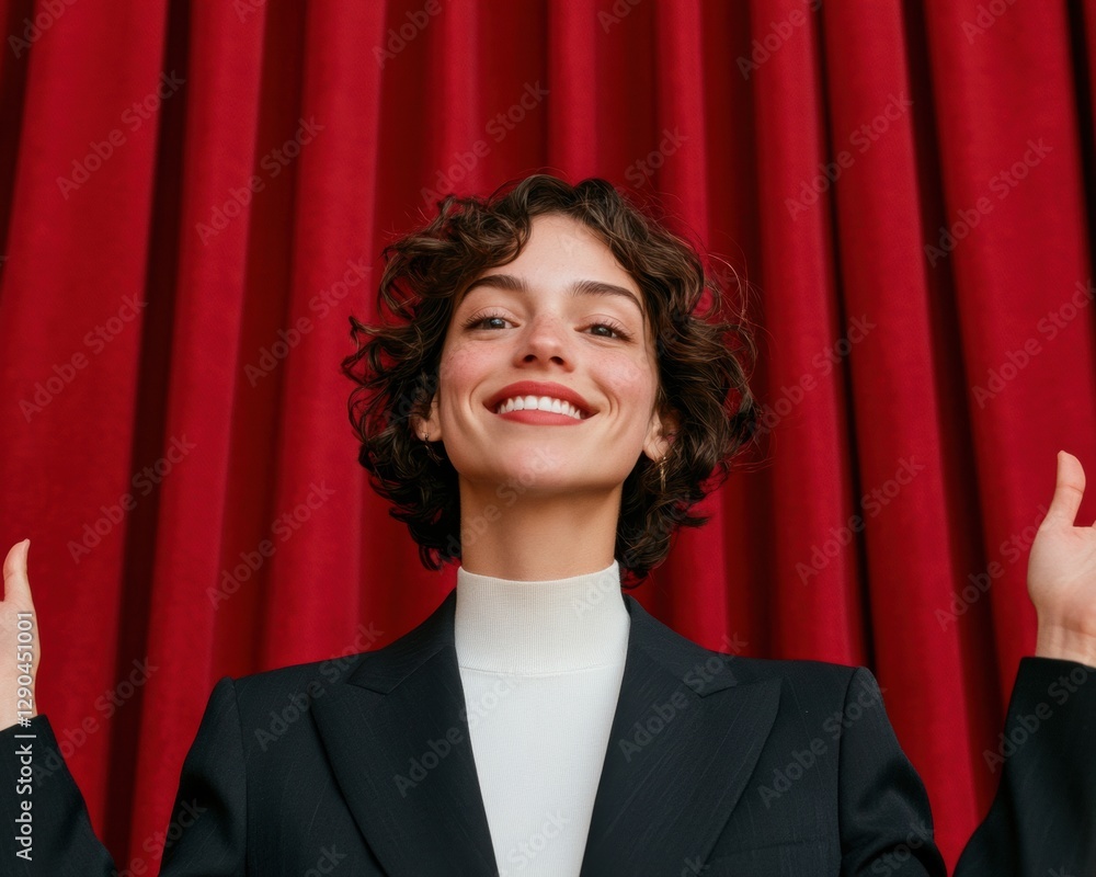 Aufkleber dynamic female comedian in sleek suit on stage - vibrant performance setting for comedy festivals an