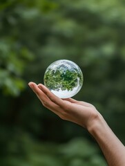 Eco-Aesthetic Marketing Visual Hand Cradling Glass Sphere Amid Nature - Sustainable Stewardship Imagery for Environmental Outreach and Green Initiatives