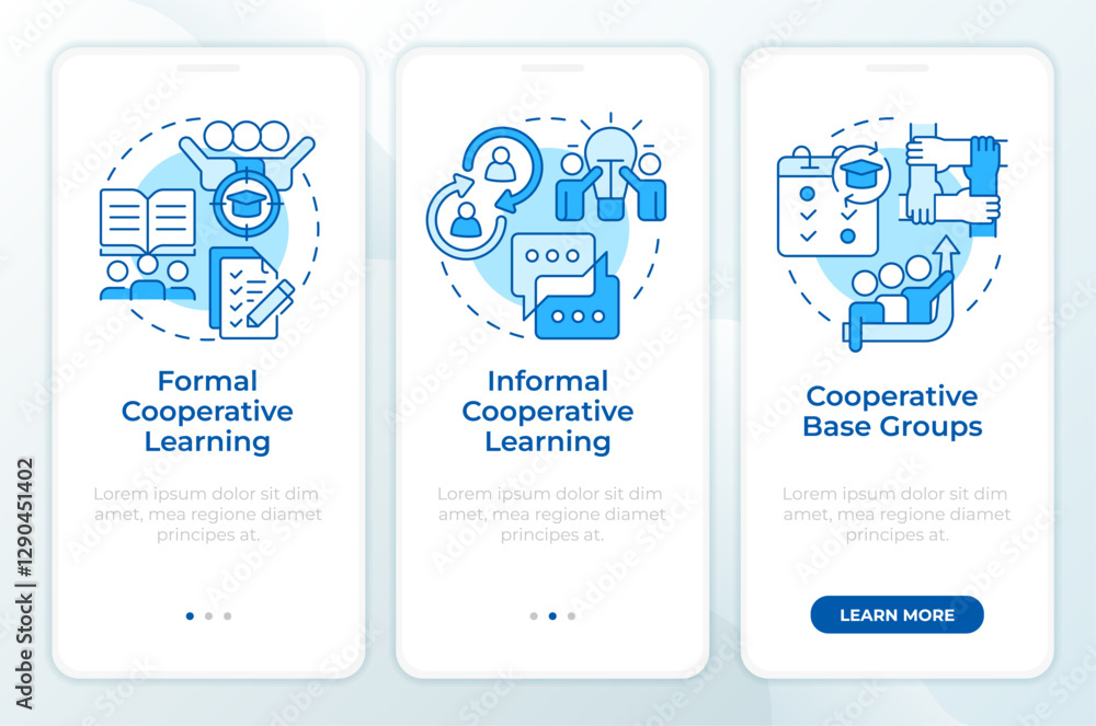 Poster cooperative learning methods blue onboarding mobile app screen. walkthrough 3 steps editable graphic