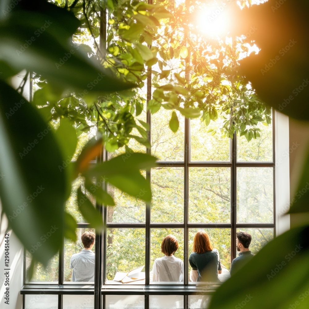 Poster contemporary campus interaction diverse student group in sunlit modern architecture with lush greene