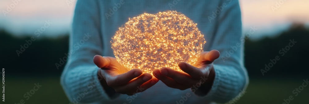 Fototapete futuristic illumination orb in hands kinetic mesh light structure in outdoor setting - interactive t