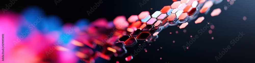 Fototapete Neon Digital Interface Hexagonal Icons in Dynamic Space for E-Learning Platforms - Futuristic EdTech Visualization and Interactive Training Solutions