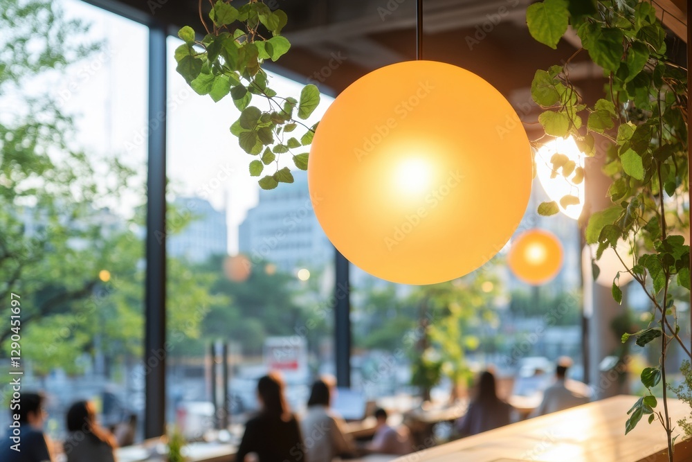 Aufkleber contemporary co-working space open-concept environment with vibrant lighting and urban greenery for 