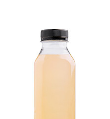 Clear beverage bottle with black cap on a white background
