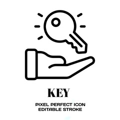 Key symbol, featuring an editable stroke outline icon isolated on white background flat vector illustration. Pixel perfect