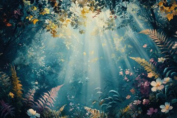Sunbeams pierce a lush, enchanted forest, illuminating vibrant flowers and ferns in a mystical scene.