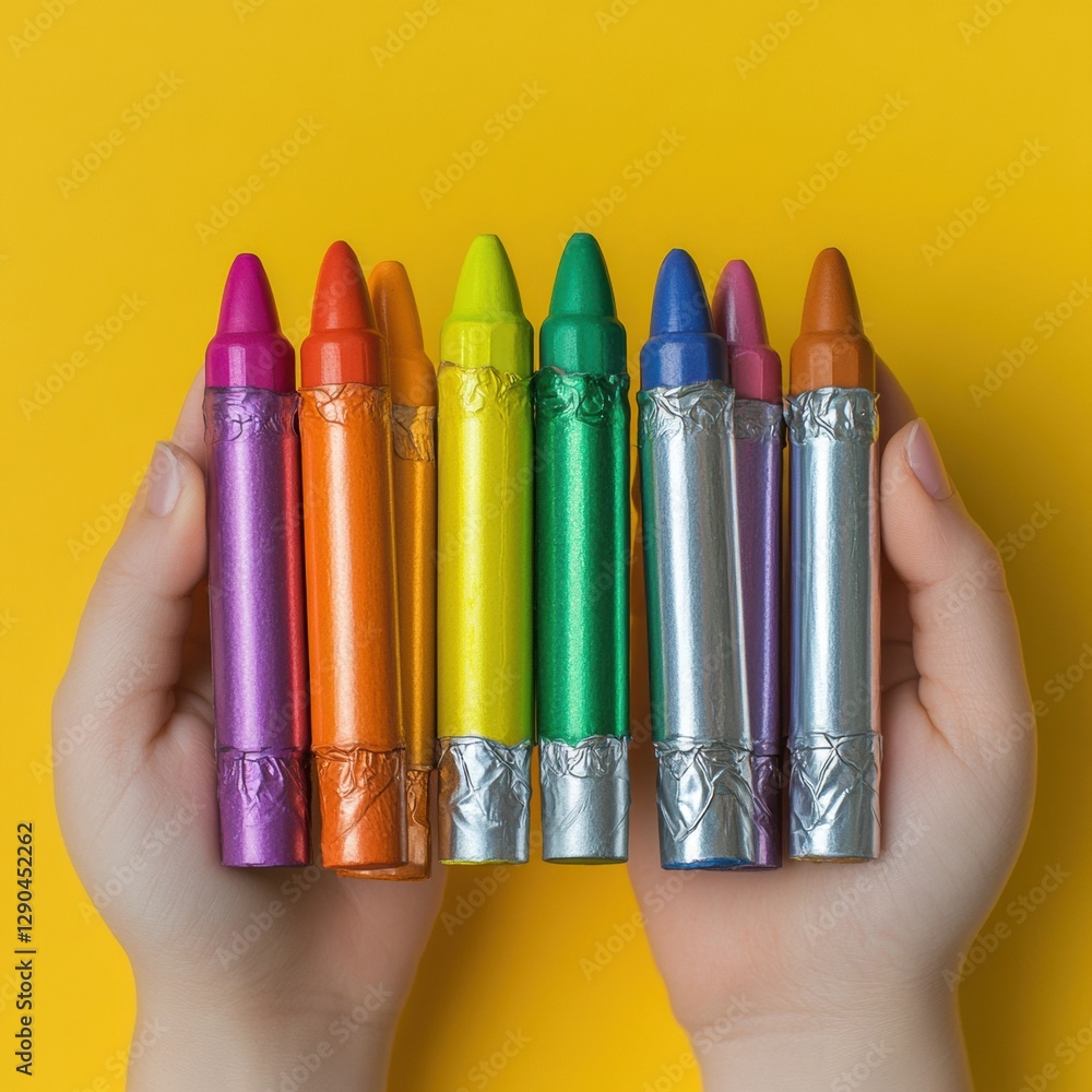 Poster retro-futuristic artistry ethereal chrome hands with metallic crayons - imaginative design for creat